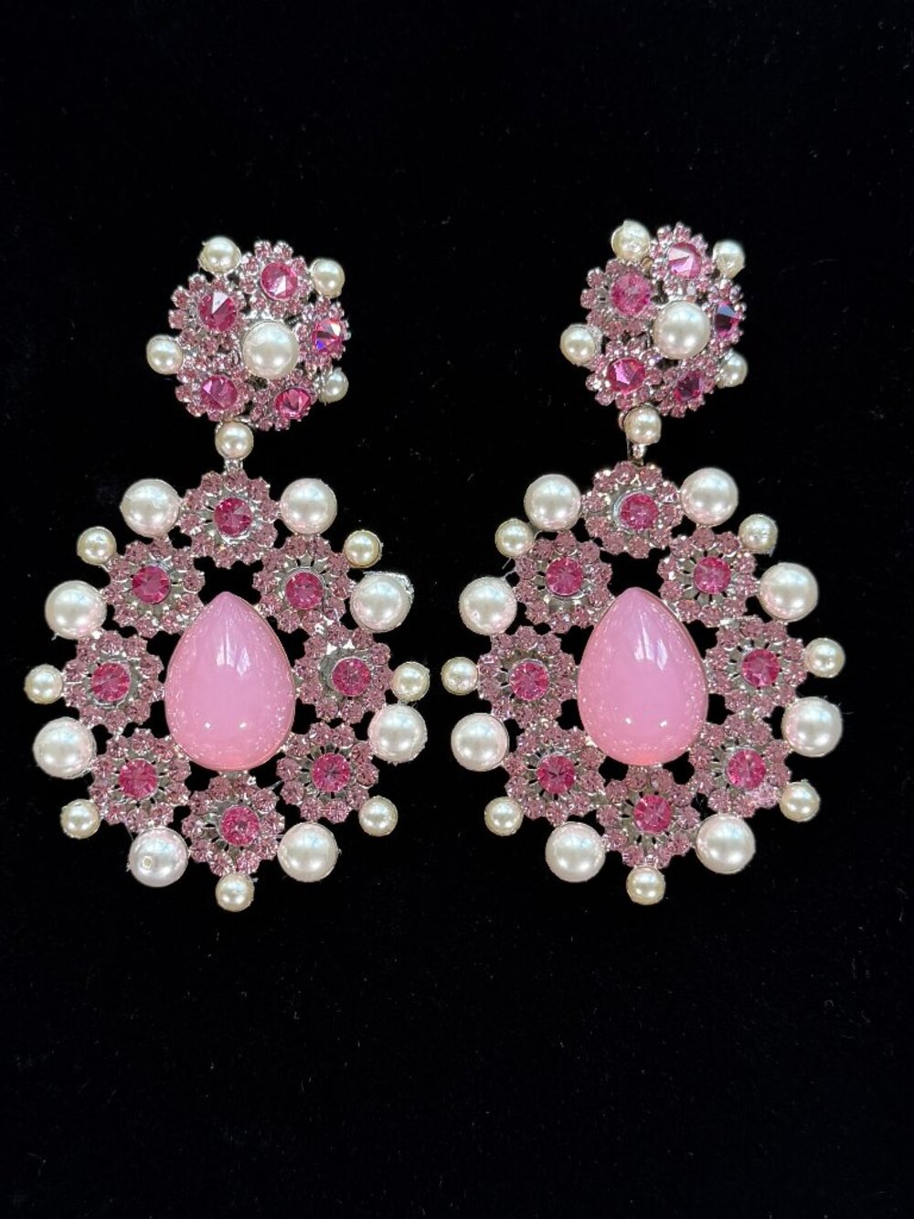 Larry Vrba Pink Rhinestone Pearl Statement Earrings Signed Clip On Vintage